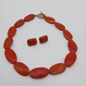 Liz Claiborne Red Coral Resin Necklace With Clip On Earrings Set